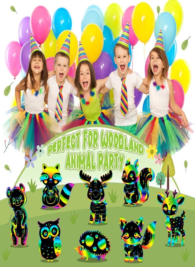 RoundFunny 80 Pcs Woodland Animals Scratch Card for Kids Forest Animals Craft Scratch Paper Craft Kits with 80 Pcs Stick and Ribbon for Birthday Woodland Camping Party Favors - Image 4